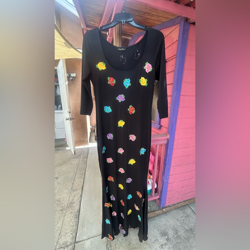 Floral Embellished Black Maxi Dress